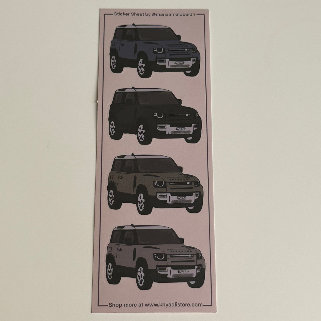 Defender Sticker Sheet featuring 4 dynamic stickers of different Defender vehicles in various colors. Ideal for Defender enthusiasts, these high-quality stickers add rugged elegance to items like notebooks, laptops, and water bottles. Perfect for showcasing your love for Defender and adding automotive style to everyday belongings.
