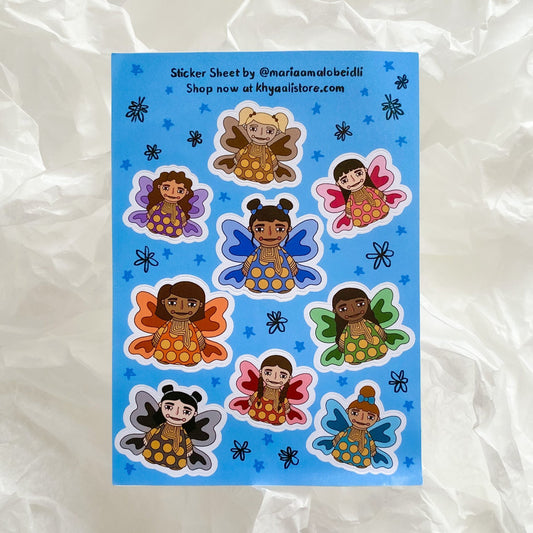Emirati Butterfly Girls Sticker Sheet with 9 stickers featuring Emirati girls in traditional Mukhwar dresses, reimagined as butterflies. Each sticker has a glittery finish and is made from waterproof material, perfect for decorating water bottles, laptops, planners, and more with a touch of cultural charm and sparkle.