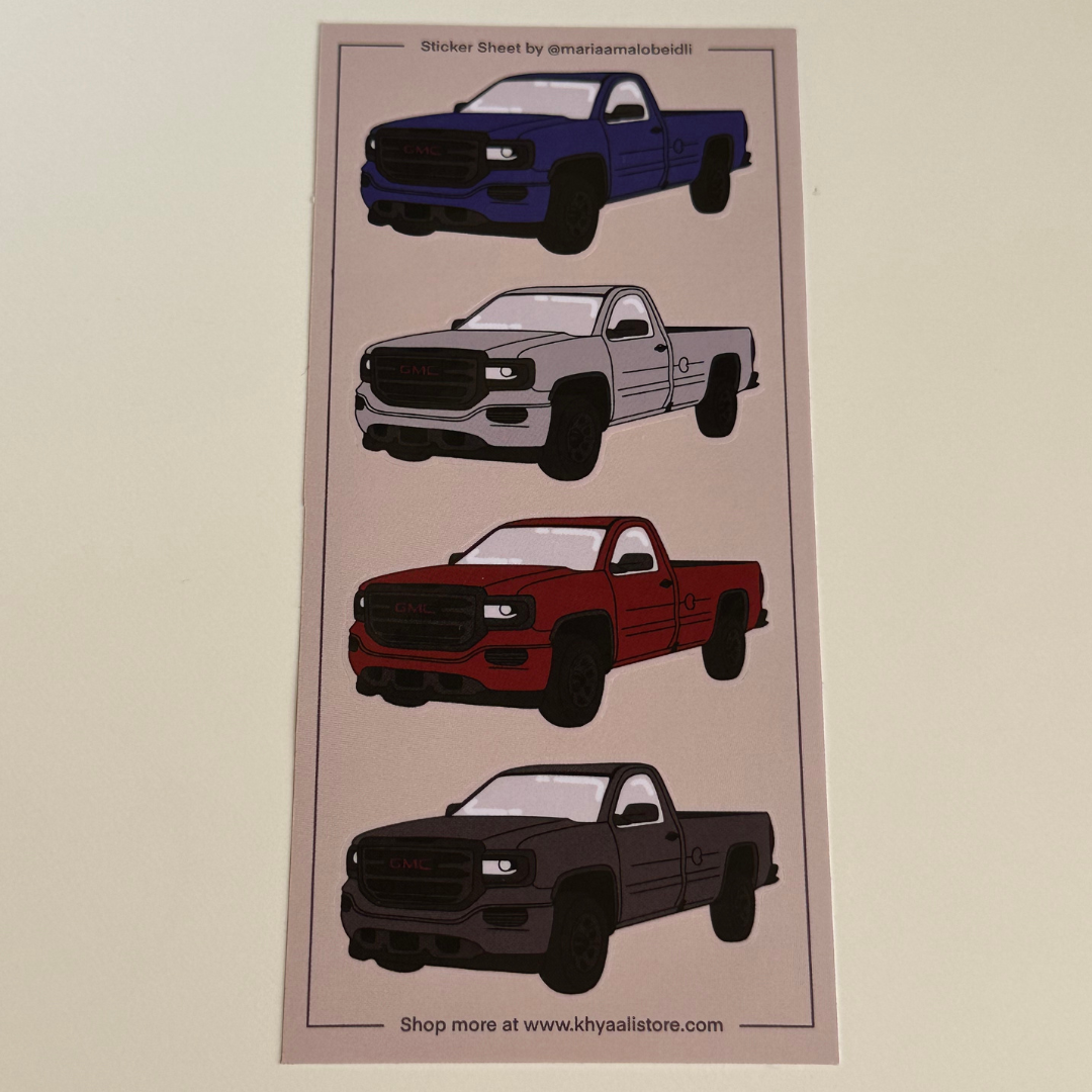 GMC Sticker Sheet" featuring 4 high-quality stickers of different GMC vehicles, each in a unique color. These rugged yet stylish stickers are ideal for GMC fans to personalize notebooks, laptops, water bottles, and other everyday items, adding a touch of automotive flair.