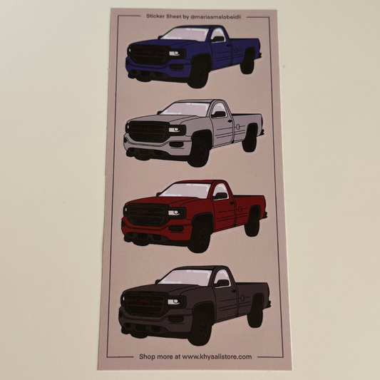 GMC Sticker Sheet" featuring 4 high-quality stickers of different GMC vehicles, each in a unique color. These rugged yet stylish stickers are ideal for GMC fans to personalize notebooks, laptops, water bottles, and other everyday items, adding a touch of automotive flair.