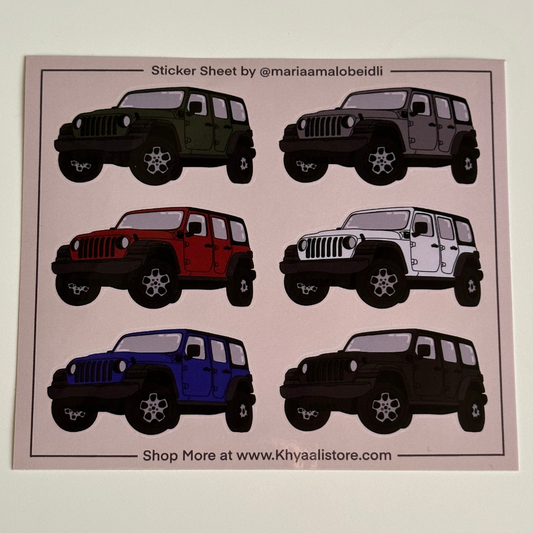 Jeep Sticker Sheet" with 6 unique stickers, each displaying a Jeep in a different vibrant color. Designed for adventure seekers and Jeep fans, these durable, high-quality stickers are perfect for decorating notebooks, laptops, water bottles, or any surface needing a rugged, stylish touch. Ideal for off-road enthusiasts and Jeep lovers, this collection adds iconic Jeep flair to any item