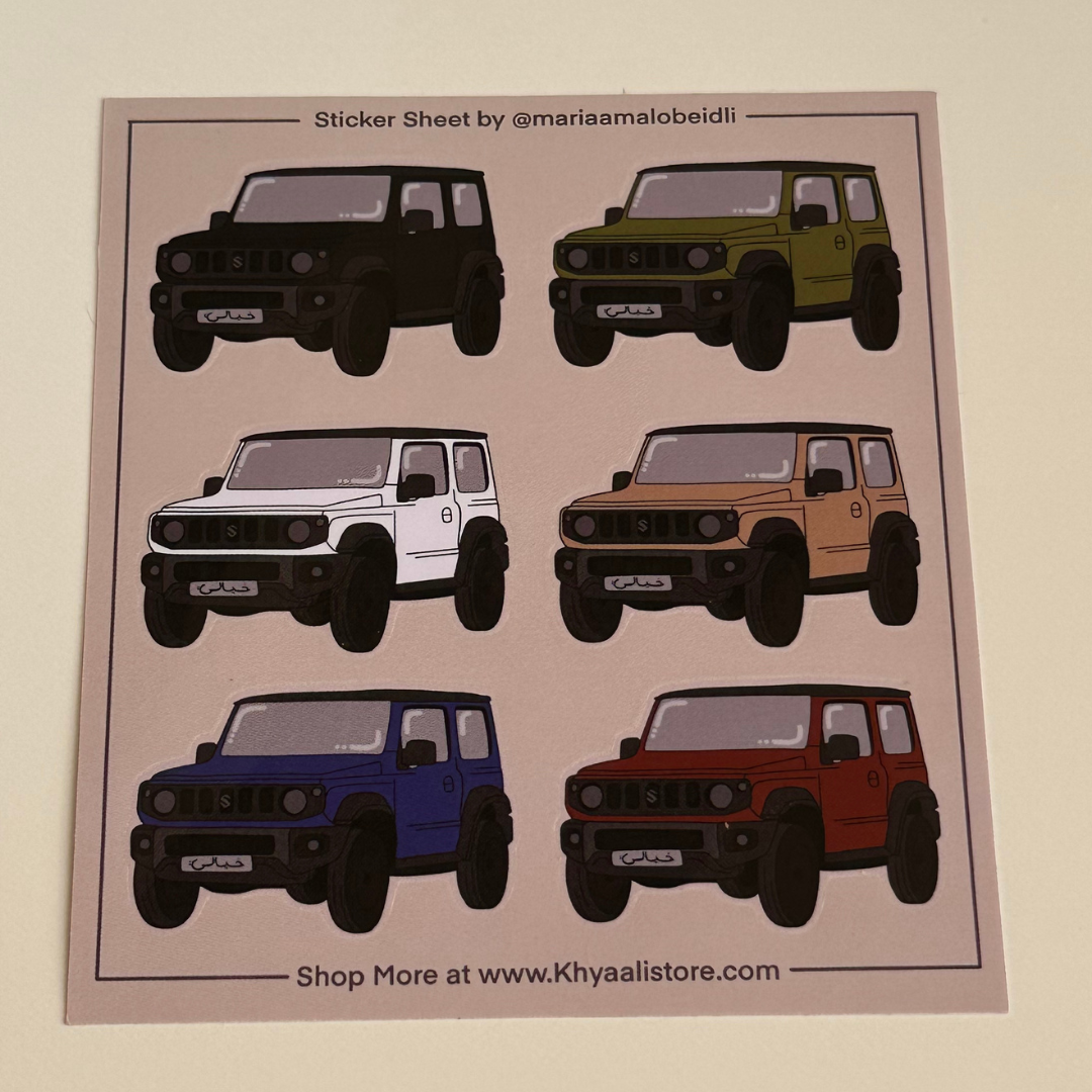 Jimny Sticker Sheet" featuring 6 distinctive stickers, each highlighting the iconic Jimny 4x4 in a range of vibrant colors. Perfect for Jimny fans and adventure lovers, these high-quality stickers add off-road flair to notebooks, laptops, water bottles, and more. Celebrate your love for the rugged Jimny with these bold and eye-catching stickers