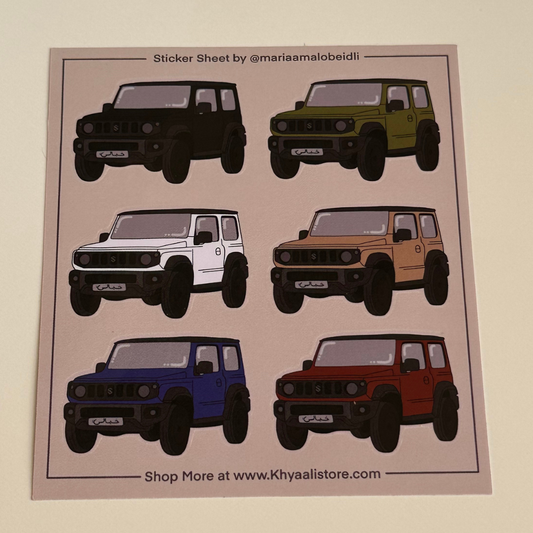 Jimny Sticker Sheet" featuring 6 distinctive stickers, each highlighting the iconic Jimny 4x4 in a range of vibrant colors. Perfect for Jimny fans and adventure lovers, these high-quality stickers add off-road flair to notebooks, laptops, water bottles, and more. Celebrate your love for the rugged Jimny with these bold and eye-catching stickers