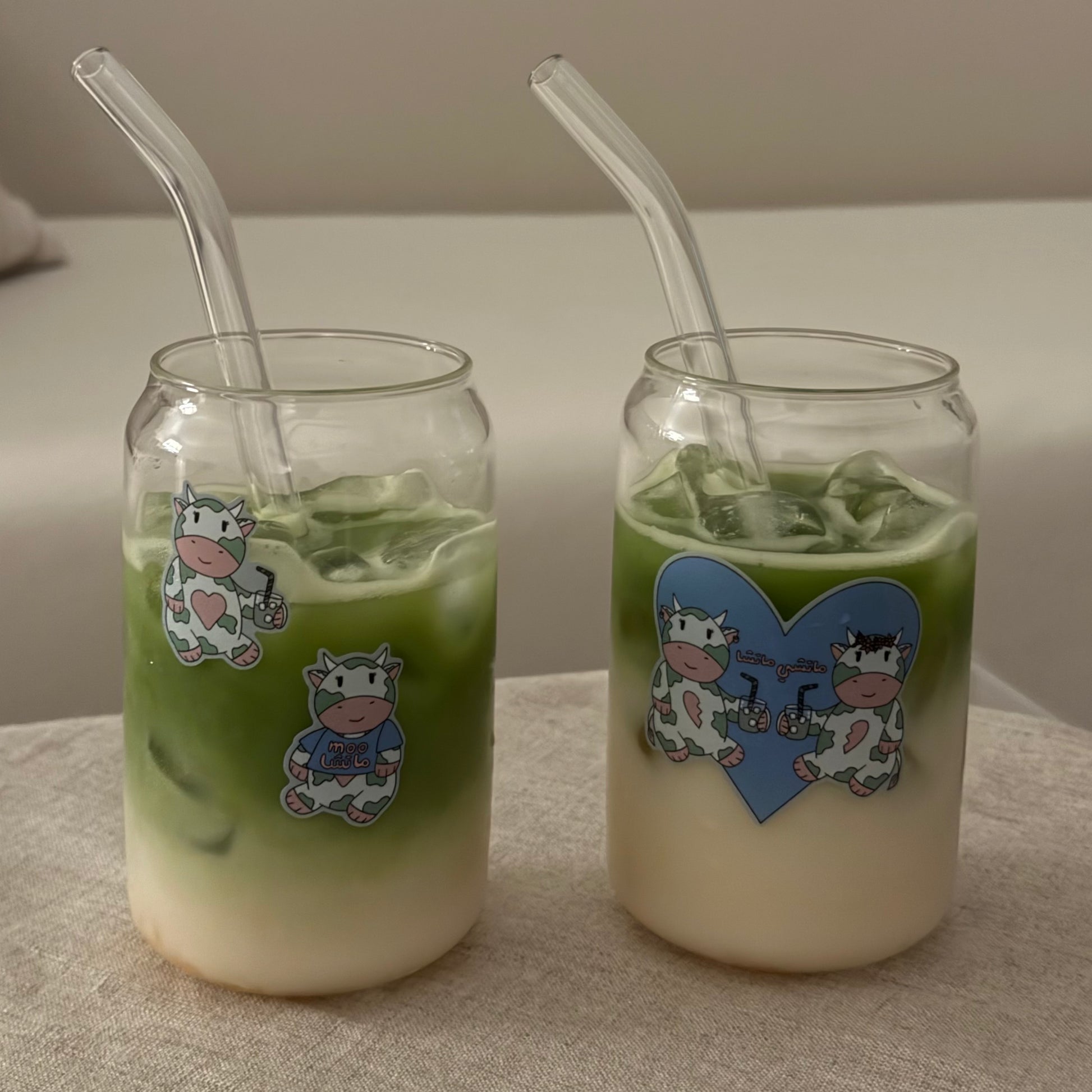 "Matcha Cows Sticker Sheet" featuring 5 playful stickers inspired by the TikTok sound "If matcha tastes like grass, then I am a cow." Each sticker combines matcha and cow themes in a whimsical design. Made with a durable, waterproof vinyl finish, these stickers are perfect for adding humor and charm to notebooks, water bottles, laptops, and more