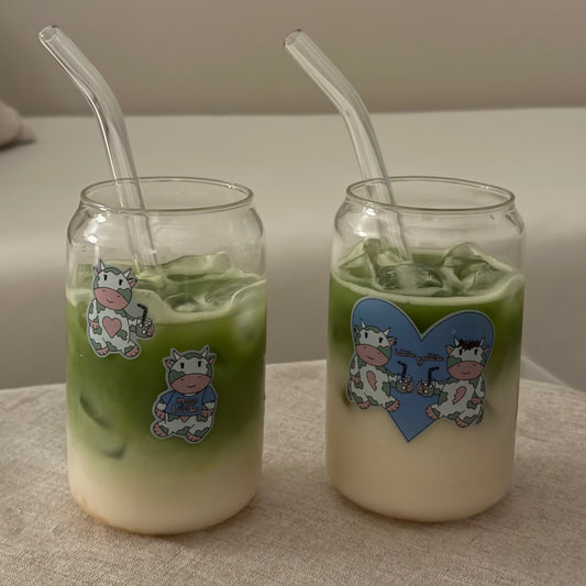 "Matcha Cows Sticker Sheet" featuring 5 playful stickers inspired by the TikTok sound "If matcha tastes like grass, then I am a cow." Each sticker combines matcha and cow themes in a whimsical design. Made with a durable, waterproof vinyl finish, these stickers are perfect for adding humor and charm to notebooks, water bottles, laptops, and more
