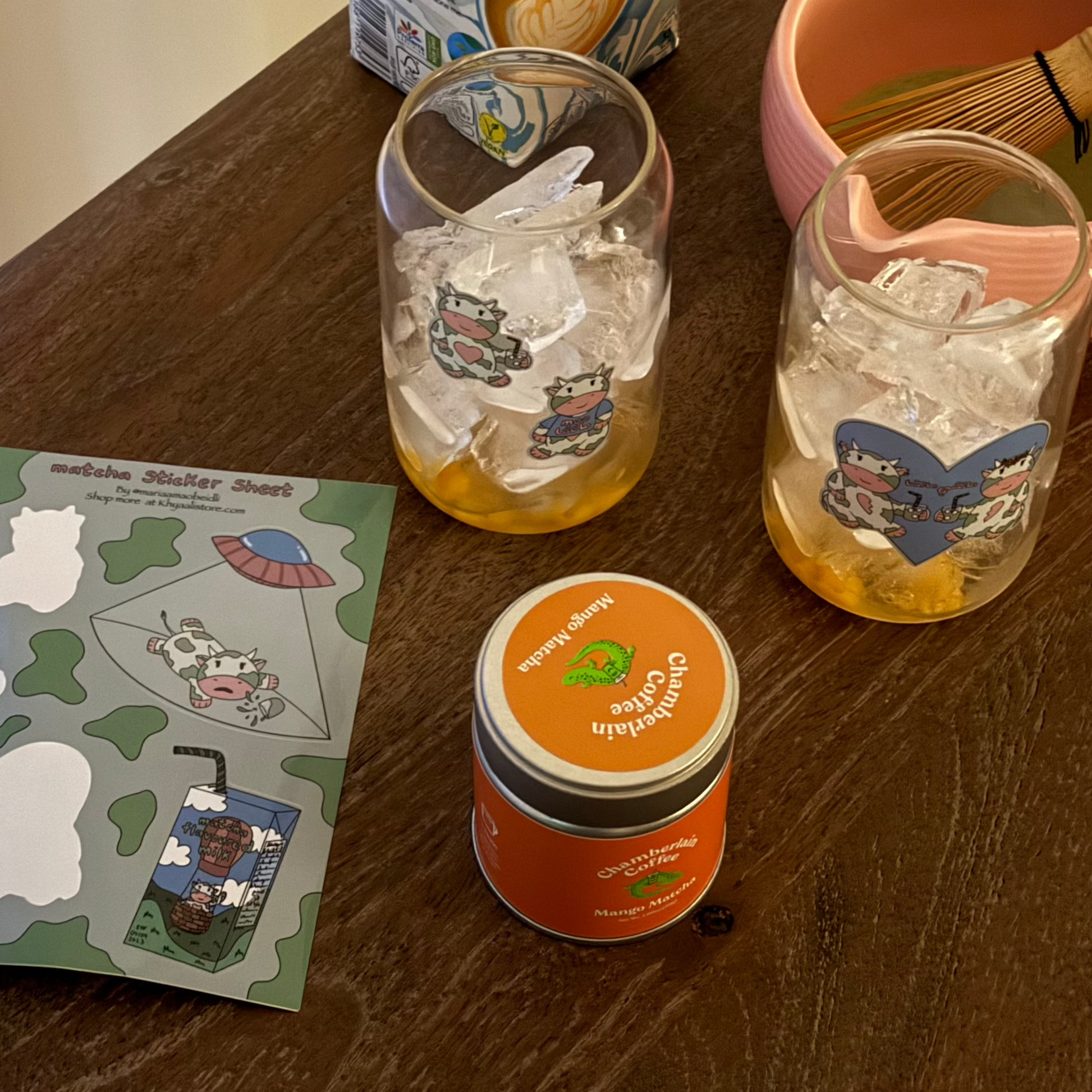 "Matcha Cows Sticker Sheet" featuring 5 playful stickers inspired by the TikTok sound "If matcha tastes like grass, then I am a cow." Each sticker combines matcha and cow themes in a whimsical design. Made with a durable, waterproof vinyl finish, these stickers are perfect for adding humor and charm to notebooks, water bottles, laptops, and more